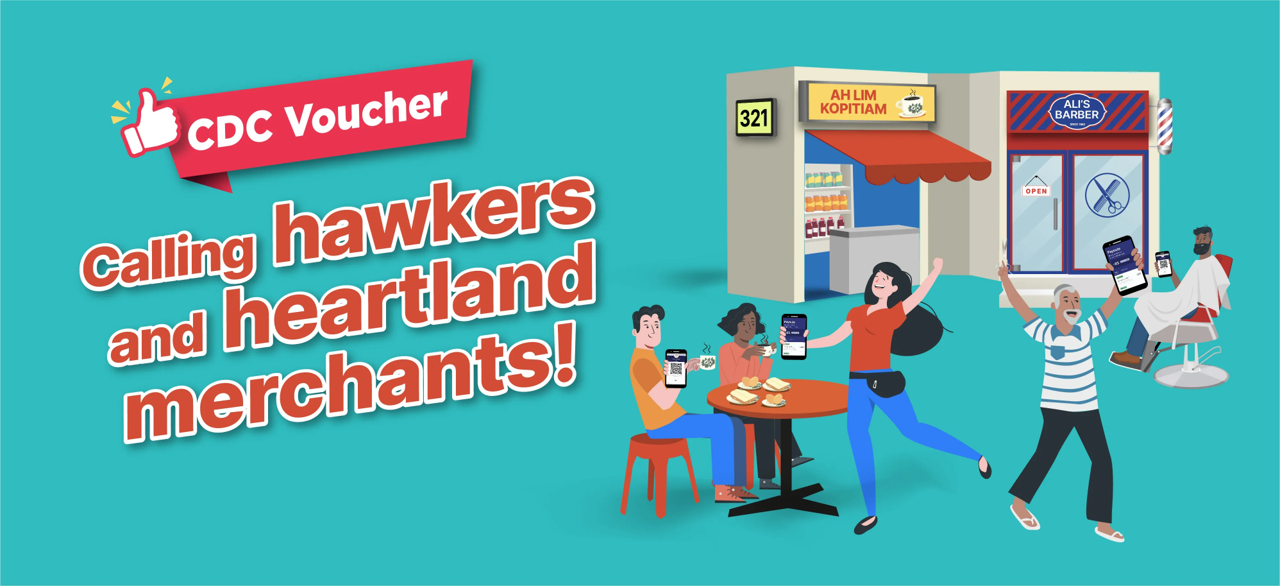 Illustration of people using CDC vouchers at a kopitiam and a barber shop with the text "Calling hawkers and heartland merchants".
